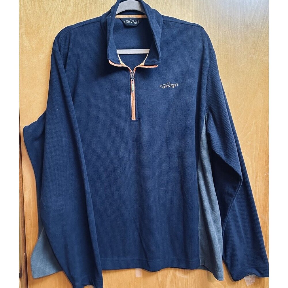 Orvis Men’s 1/2 Zip Up Pullover Light Weight Fleece Size X-Large. Navy Blue&gray